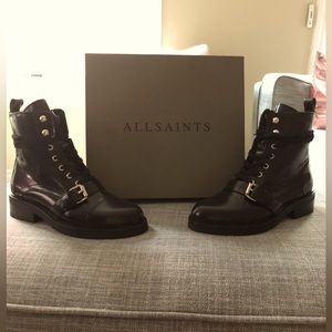 All Saints Donita Lace Up Black Leather Boots, size 8M, EU 38